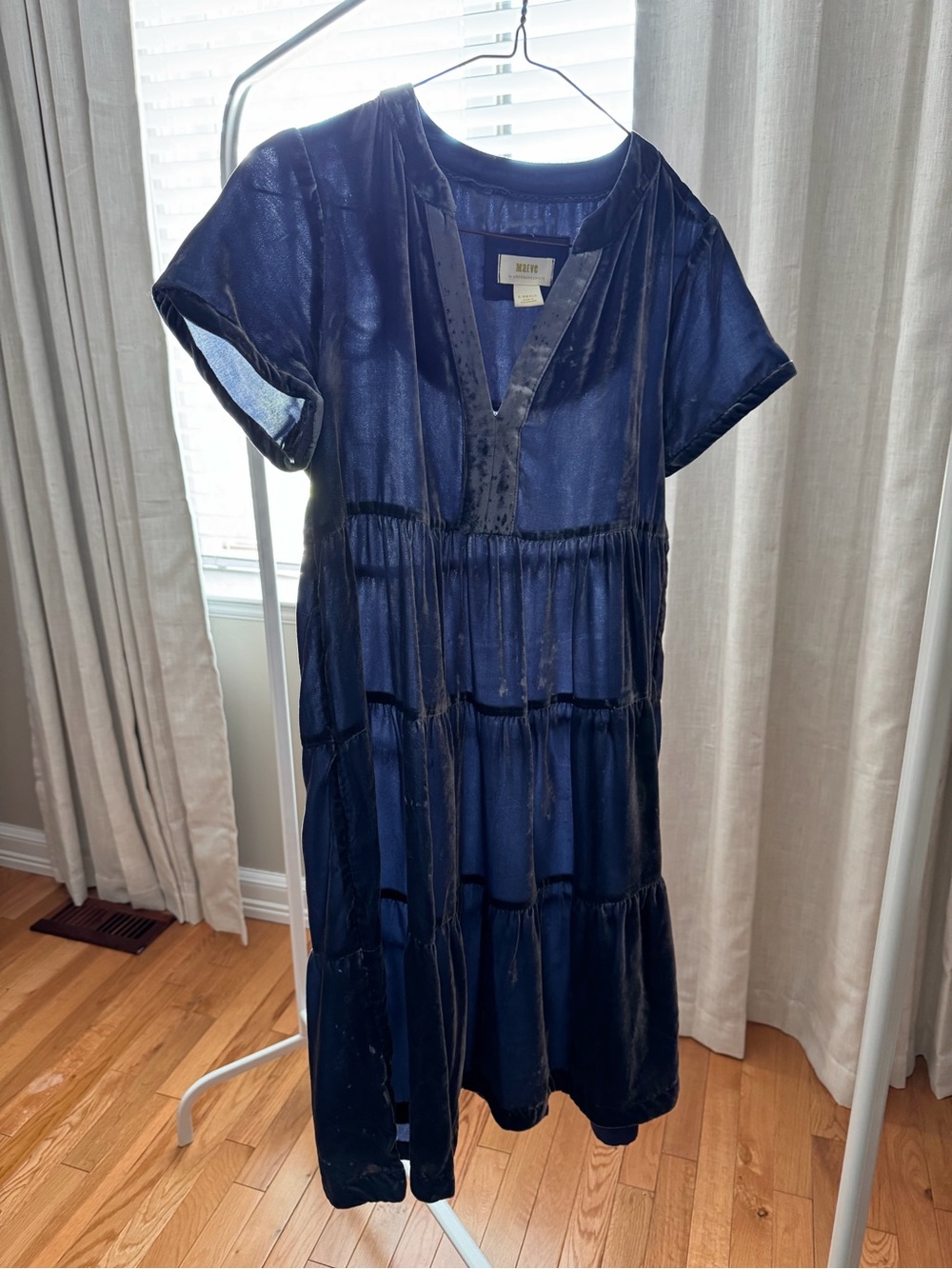 Blue Velvet Deep Navy Shirt Dress w Tiered Short Sleeve Dress